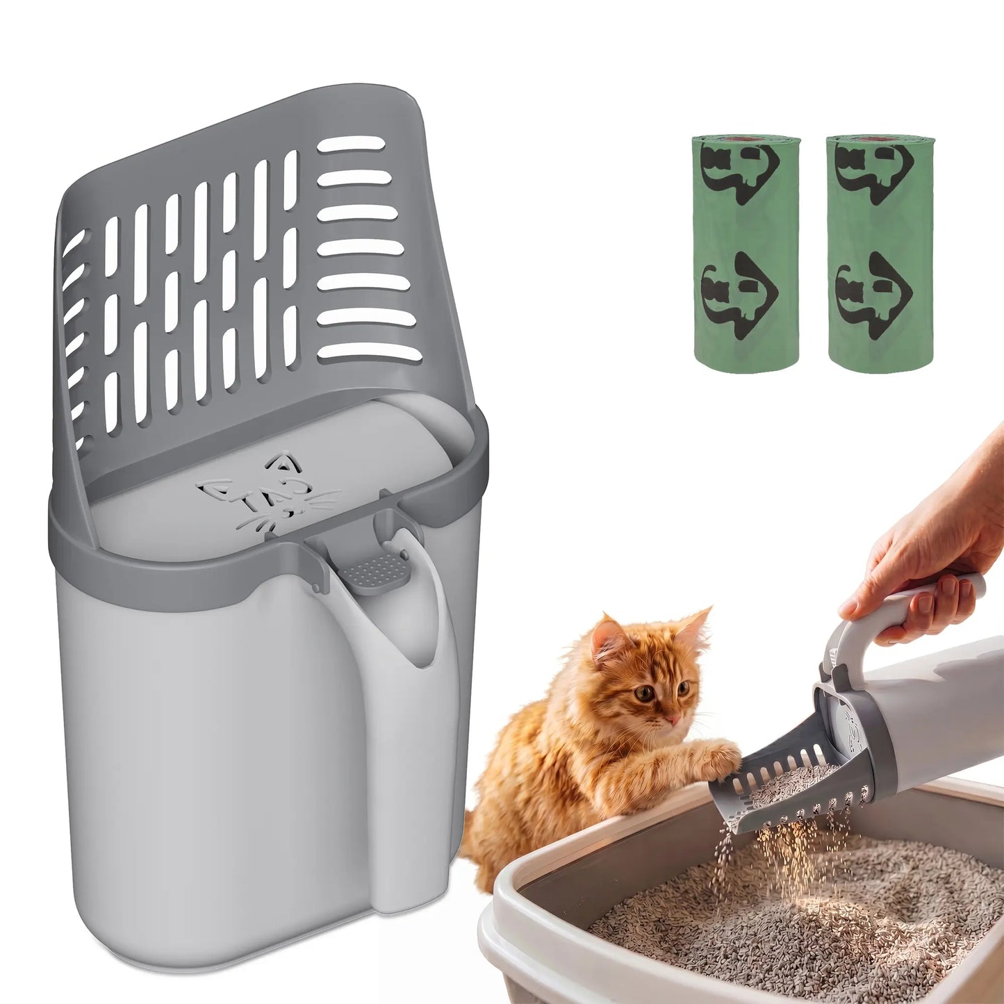 Pala Premium para Arena de Gatos | Recogedor 2 en 1 con Depósito Integrado, Bolsas de Repuesto y Manejo con Una Sola Mano