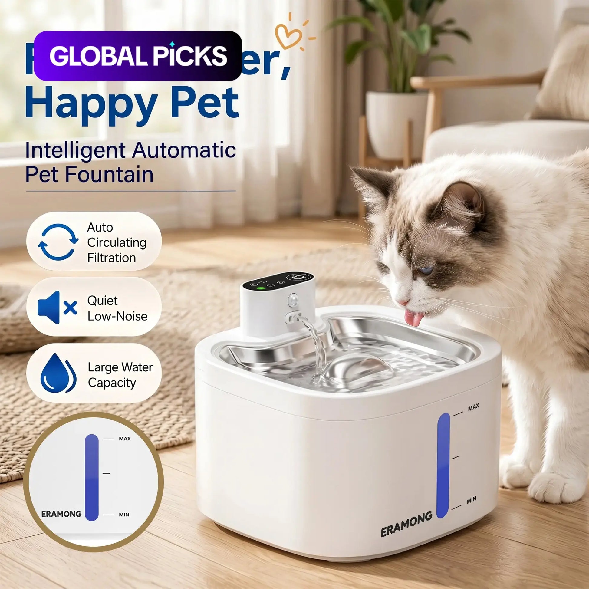Fuente de Agua Inteligente Inalámbrica para Gatos y Perros | 3,5 L, Recargable por USB, Silenciosa y con Filtrado de Agua