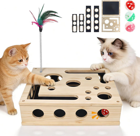 Caja Interactiva para Gatos 3 en 1 | Rascador, Juego de Pelotas y Cuidado de Uñas