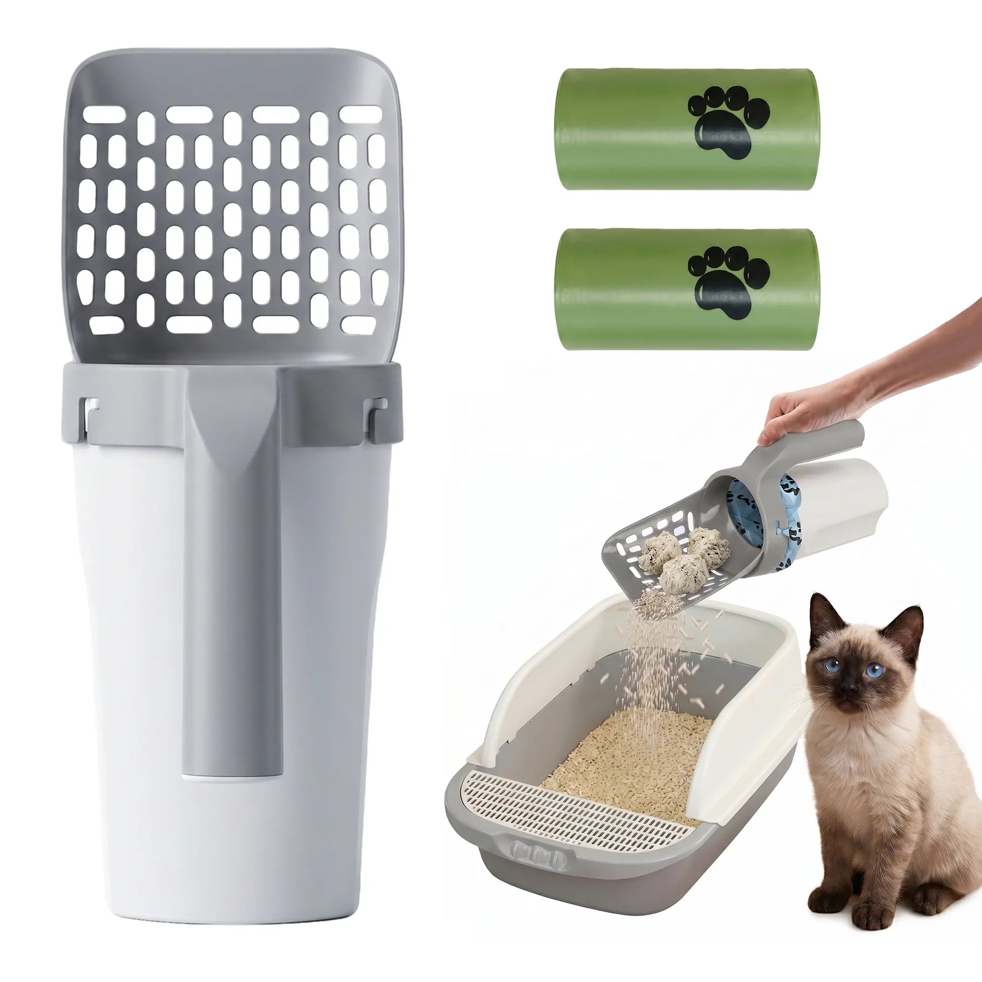 Pala Premium para Arena de Gatos | Recogedor 2 en 1 con Depósito Integrado, Bolsas de Repuesto y Manejo con Una Sola Mano