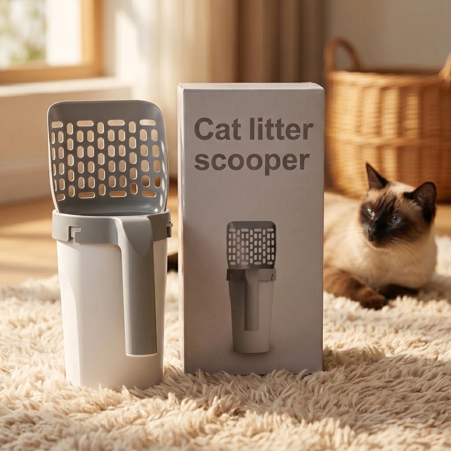 Pala Premium para Arena de Gatos | Recogedor 2 en 1 con Depósito Integrado, Bolsas de Repuesto y Manejo con Una Sola Mano